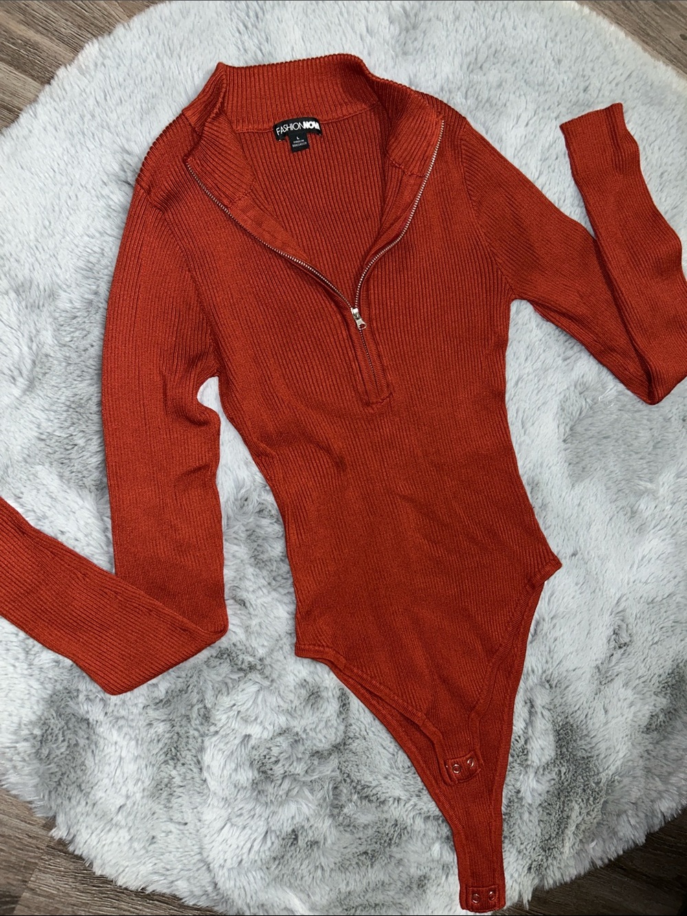 Fashion Nova Rust Ribbed Zip-Front Long Sleeve Bodysuit